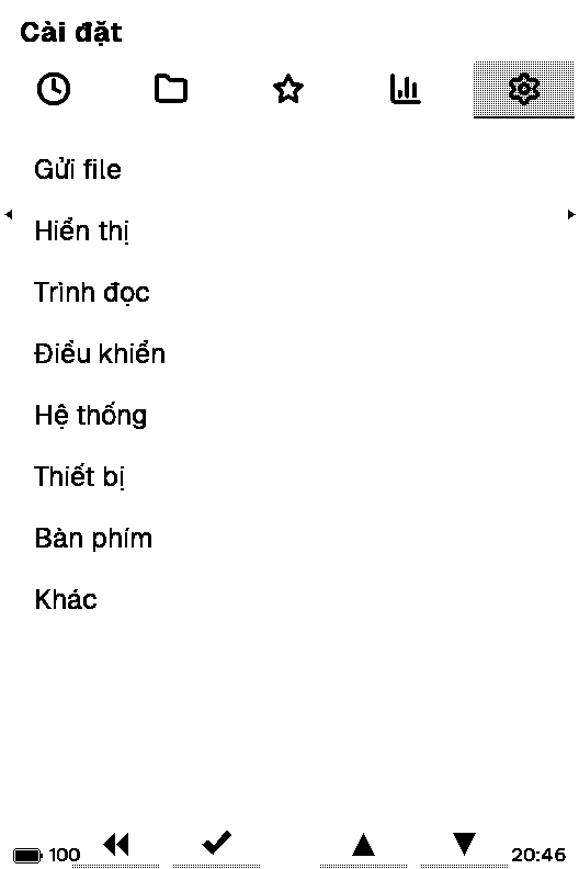 Màn hình chính của máy, tab Cài đặt đang mở.